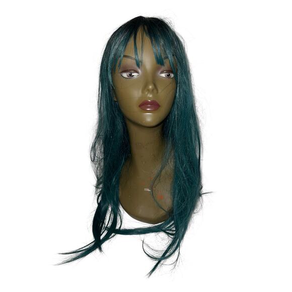 Long Ombre Straight Free Parting Synthetic Wig Two Tone Mix teal Green black NWT - Picture 1 of 12